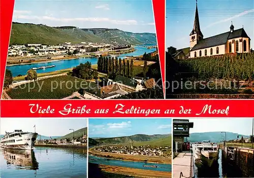 AK / Ansichtskarte Zeltingen_Mosel Fliegeraufnahme Kirche Moselpartien Ausflugsdampfer Schleuse 