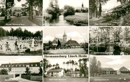 AK / Ansichtskarte Hermannsburg Neues Missionshaus Waldschwimmbad Ev Volksschule St Peter und Paulskirche Altes Missionshaus Scharnebecker Muehle Pfarvikar Seminar Volkshochschule Hermannsburg