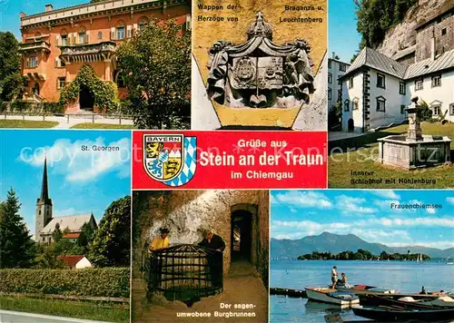 AK / Ansichtskarte Stein_Traun Hotel Wappen Schlosshof mit Hoehlenburg St Georgen Burgbrunnen Frauenchiemsee Stein Traun
