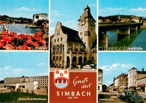 AK / Ansichtskarte Simbach_Inn Freibad Rathaus Innbruecke Kreis Krankenhaus Innstrasse Simbach Inn