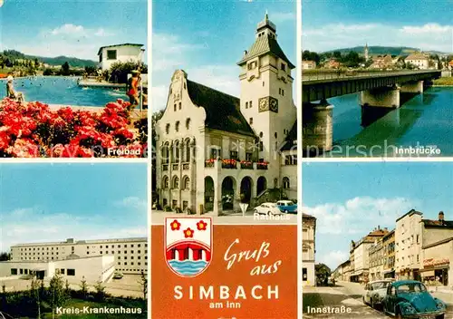 AK / Ansichtskarte Simbach_Inn Freibad Rathaus Innbruecke Kreiskrankenhaus Innstrasse Simbach Inn