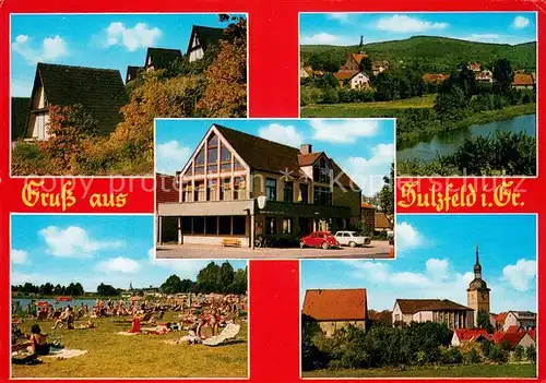 AK / Ansichtskarte Sulzfeld_Grabfeld Wohnsiedlung Panorama Strandpartie Kirche Lebensmittelgeschaeft Sulzfeld Grabfeld