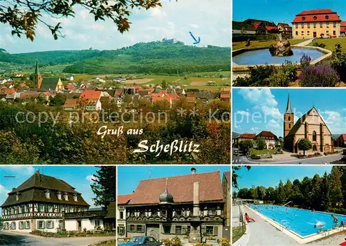 AK / Ansichtskarte Schesslitz Panorama Brunnen Kirche Rathaus Gasthof Schwimmbad Schesslitz