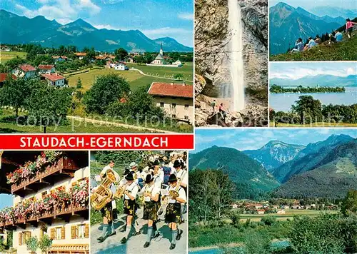 AK / Ansichtskarte Staudach Egerndach Panorama Wasserfall Trachtengruppe Gasthaus Alpenpanorama Staudach Egerndach