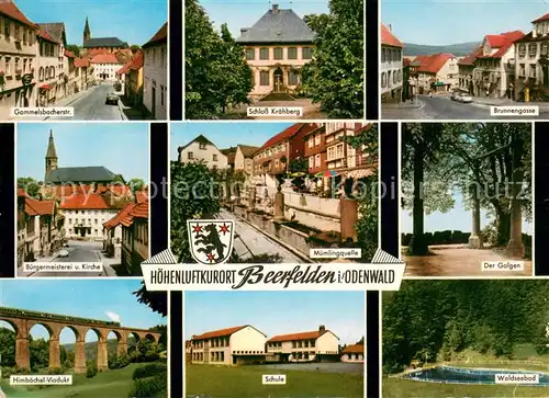 AK / Ansichtskarte Beerfelden_Odenwald Gammelsbacherstr Schloss Kraehberg Brunnengasse Buergermeisterei Kirche Muemlingquelle Galgen Himboechel Viadukt Schule Waldseebad Beerfelden Odenwald