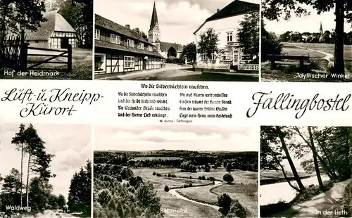 AK / Ansichtskarte Fallingbostel Idyllischer Winkel Luft  und Kneippkurort Motiv mit Kirche Hof der Heidmark Waldweg Landschaftspanorama Boehmetal An der Lieth Gedicht Fallingbostel