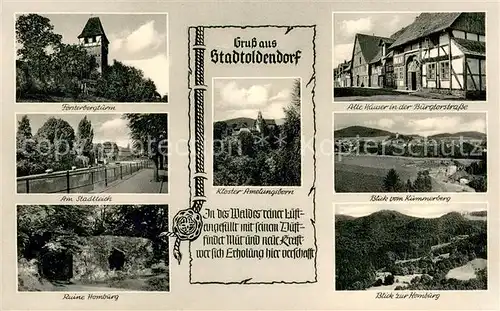 AK / Ansichtskarte Stadtoldendorf Foersterbergturm Promenade am Stadtteich Ruine Homburg Klostern Amelungsborn Alte Haeuser Landschaftspanorama Stadtoldendorf