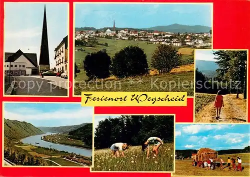 AK / Ansichtskarte Wegscheid_Niederbayern Ortsansicht mit Kirche Landschaftspanorama Bayerischer Wald Blumenwiese Heuernte Wegscheid Niederbayern