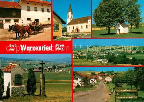 AK / Ansichtskarte Warzenried Pferdekutsche Bildstock Kapelle Kirche Panorama Bayerischer Wald Warzenried