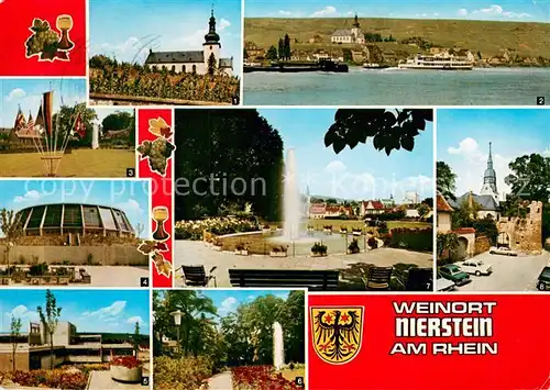 AK / Ansichtskarte Nierstein_Rhein Kirche Rhein Faehre Parkanlagen Sporthalle Schule Wasserspiele Nierstein_Rhein