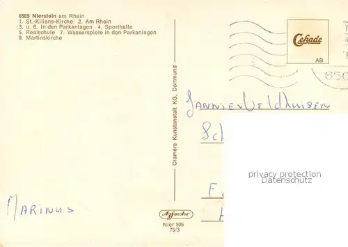 AK / Ansichtskarte Nierstein_Rhein Kirche Rhein Faehre Parkanlagen Sporthalle Schule Wasserspiele Nierstein_Rhein