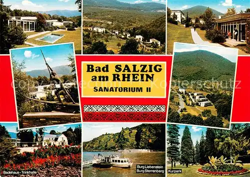 AK / Ansichtskarte Bad_Salzig Sanatorium Badehaus Trinkhalle Burg Liebenstein Burg Sterrenberg Kurpark Bad_Salzig