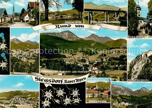 AK / Ansichtskarte Siegsdorf_Oberbayern Strassenpartie Autobahnblick Kirche Maria Eck Fliegeraufnahme Rauschbergbahn Hochberg Kirche Bad Adelholzen Siegsdorf Oberbayern