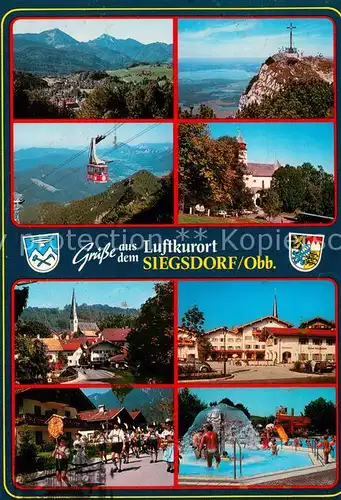 AK / Ansichtskarte Siegsdorf_Oberbayern Panorama Gipfelkreuz Schwebebahn Kirche Ortspartie Trachtengruppe Schwimmbad Siegsdorf Oberbayern
