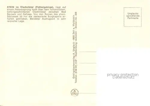 AK / Ansichtskarte Stein_Fichtelgebirge oelschnitzquelle oelschnitztal Forellensteg oelschnitzforelle Talhang mit Weideroeschen Burgkapelle Stein Fichtelgebirge
