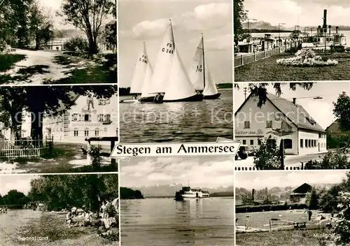 AK / Ansichtskarte Stegen_Ammersee Gasthof Schreyegg Badestrand Segelboote Gaststaette Fischer am See Ausflugsdampfer Minigolf Stegen Ammersee