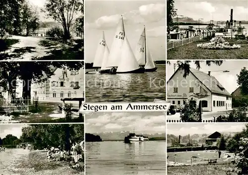 AK / Ansichtskarte Stegen_Ammersee Gasthof Schreyegg Badestrand Segelboote Gaststaette Fischer am See Ausflugsdampfer Minigolf Stegen Ammersee