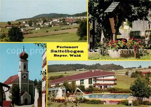 AK / Ansichtskarte Sattelbogen Panorama Kreuz mit Blumentrog Kirche Schwimmbad Sattelbogen