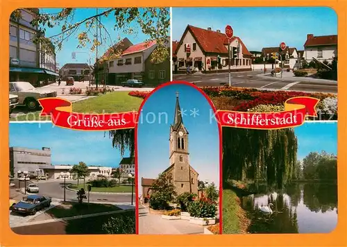 AK / Ansichtskarte Schifferstadt Ortsmotive Innenstadt Kirche Partie am Wasser Schwaene Schifferstadt