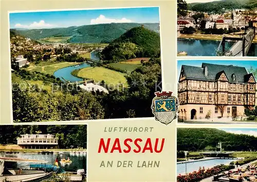 AK / Ansichtskarte Nassau_Lahn Panorama Luftkurort im Lahntal Freibad Fachwerkhaus Lahnbruecke Nassau_Lahn