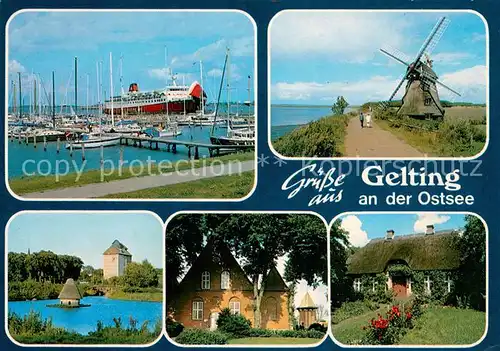 AK / Ansichtskarte Gelting_Schleswig_Holstein Yachthafen Faehre Windmuehle Schwanensee Reetdachhaus Gelting_Schleswig