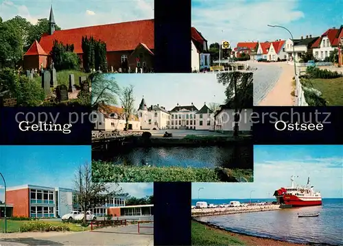 AK / Ansichtskarte Gelting_Schleswig_Holstein Kirche Friedhof Strassenpartie Teich Schule Mole Faehre Gelting_Schleswig