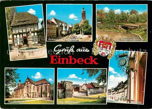 AK / Ansichtskarte Einbeck_Niedersachsen Historische Gebaeude Altstadt Brohaus Rathaus Marktkirche Anlagen am Baeckerwall Muensterkirche Alte Stadtmauer Einbeck Niedersachsen