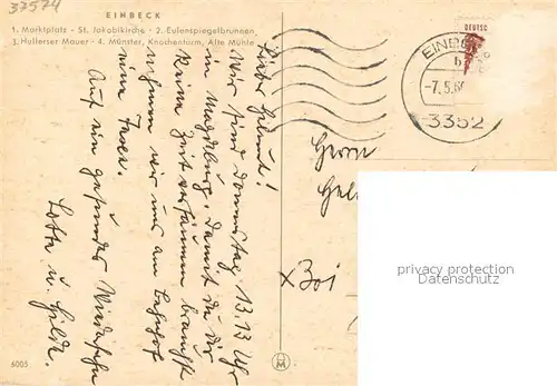 AK / Ansichtskarte Einbeck_Niedersachsen Marktplatz St. Jakobikirche Eulenspiegelbrunnen Hullerser Mauer Muenster Knochenturm Alte Muehle Einbeck Niedersachsen