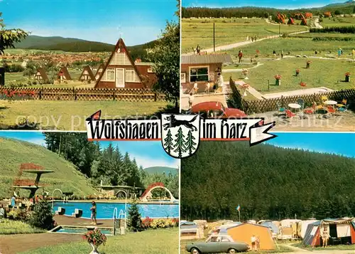 AK / Ansichtskarte Wolfshagen_Harz Feriendorf Ferienhaeuser Minigolfanlage Campingplatz Freibad Wolfshagen Harz