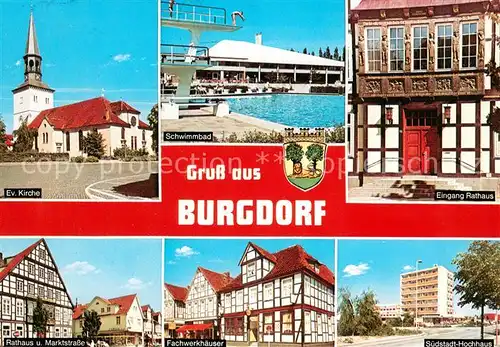 AK / Ansichtskarte Burgdorf_Hannover Kirche Schwimmbad Rathaus Marktstrasse Fachwerkhaeuser Suedstadt Hochhaus Burgdorf Hannover