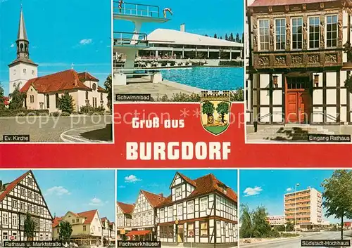 AK / Ansichtskarte Burgdorf_Hannover Kirche Schwimmbad Rathaus Marktstrasse Fachwerkhaeuser Suedstadt Hochhaus Burgdorf Hannover