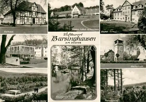 AK / Ansichtskarte Barsinghausen Rathaus Fussball Verbandsheim Kloster Jugendverbandsheim Glockenturm Partie am Deister Teich Fuchsbachtal Barsinghausen