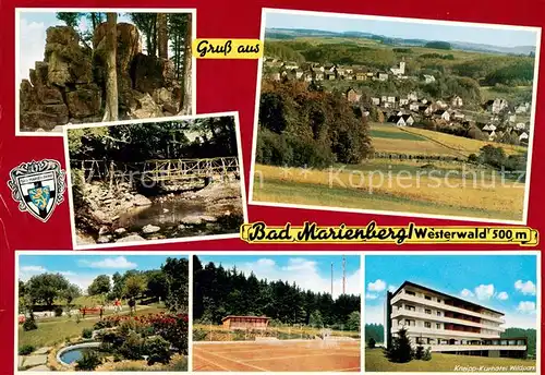 AK / Ansichtskarte Bad_Marienberg Felsen Bruecke Panorama Park Sportplatz Kneipp Kurhotel Waldpark Bad_Marienberg