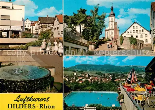 AK / Ansichtskarte Hilders_Rhoen Brunnen Kirche Gasthaus Hohmann Schwimmbad Hilders Rhoen