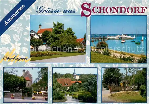 AK / Ansichtskarte Schondorf_Ammersee Kirche Faehre Burg Ortsmotiv Museumsschiff Schondorf Ammersee