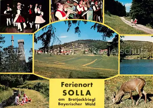 AK / Ansichtskarte Solla_Wald Trachtengruppe Waldweg Panorama Aussichtsturm Picknick Reh Seeblick Solla_Wald