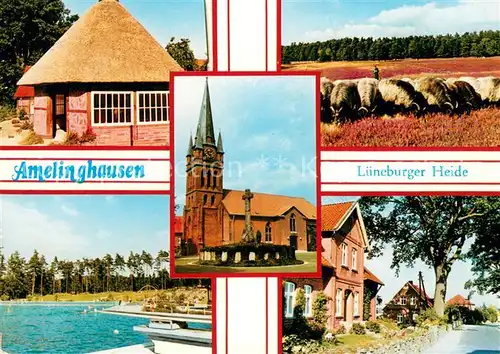 AK / Ansichtskarte Amelinghausen_Lueneburger_Heide Reetdachhaus Schafherde Schwimmbad Kirche Dorfstrasse Amelinghausen_Lueneburger