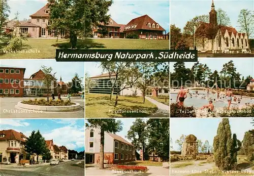 AK / Ansichtskarte Hermannsburg Volkshochschule St Peter und Paul Kirche Christanschule Missionsseminar Waldschwimmbad Missionshaus Hermann Loens Stein Wietzer Berg Hermannsburg