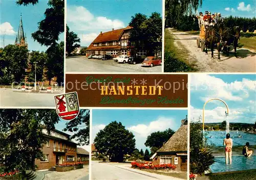 AK / Ansichtskarte Hanstedt_Nordheide Kirche Gasthaeuser Pferdegespann Schwimmbad Hanstedt_Nordheide