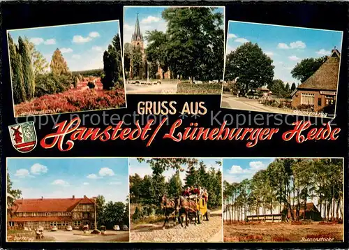 AK / Ansichtskarte Hanstedt_Nordheide Heidelandschaft Kirche Schinkenkrug Dorfkrug Heide Postkutsche Bienenstoecke Hanstedt_Nordheide