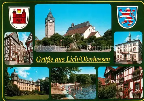 AK / Ansichtskarte Lich_Hessen Fachwerkhaeuser Kirche Schloss Schwimmbad Rathaus Lich Hessen