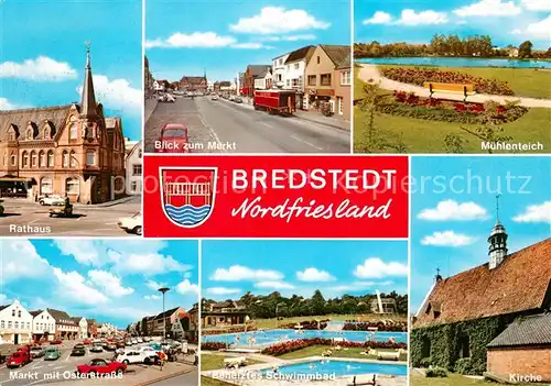 AK / Ansichtskarte Bredstedt Rathaus Markt Muehlenteich Osterstrasse Schwimmbad Kirche Bredstedt
