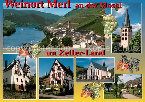AK / Ansichtskarte Merl_Mosel Panorama Blick ueber die Mosel Kirche Glockenturm Fachwerkhaus Uferpromenade Merl_Mosel