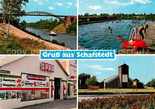 AK / Ansichtskarte Schafstedt SPAR Markt Kirche Freibad Nord Ostsee Kanal Bruecke Schafstedt