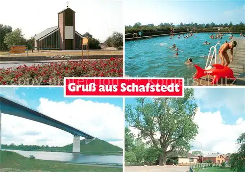 AK / Ansichtskarte Schafstedt Kirche Freibad Nord Ostsee Kanal Bruecke Ortsmotiv Schafstedt