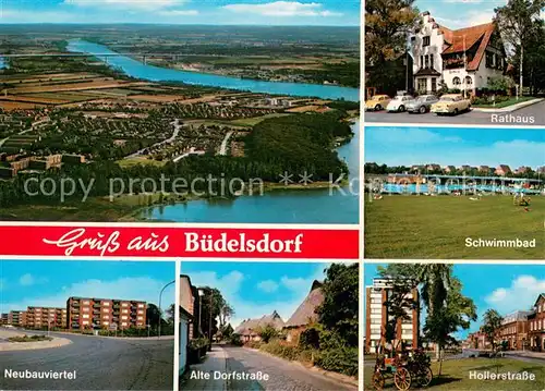AK / Ansichtskarte Buedelsdorf Fliegeraufnahme Rathaus Schwimmbad Neubauviertel Alte Dorfstrasse Hollerstrasse Buedelsdorf
