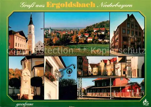 AK / Ansichtskarte Ergoldsbach Kirche Panorama Brunnen Wirtshausschild Strassenparti Bahnhof Ergoldsbach