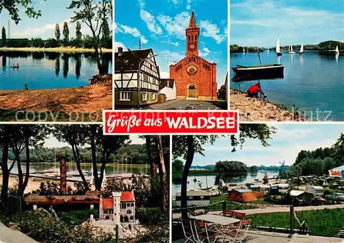 AK / Ansichtskarte Waldsee_Pfalz Seepartien Kirche Campingplatz Waldsee Pfalz