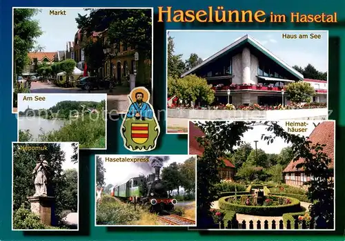 AK / Ansichtskarte Haseluenne Marktplatz Partie am See Denkmal Nepomuk Hasetalexpress Dampflokomotive Eisenbahn Heimathaeuser Haus am See Haseluenne