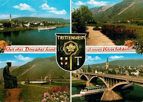 AK / Ansichtskarte Trittenheim_Mosel Panorama Weinort an der Mosel Uferpromenade Bruecke Fahrgastschiff Denkmal Statue Wappen Trittenheim Mosel